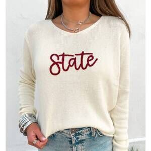 NEW PEARLS & CAMO varsity state game day sweater in cream with maroon